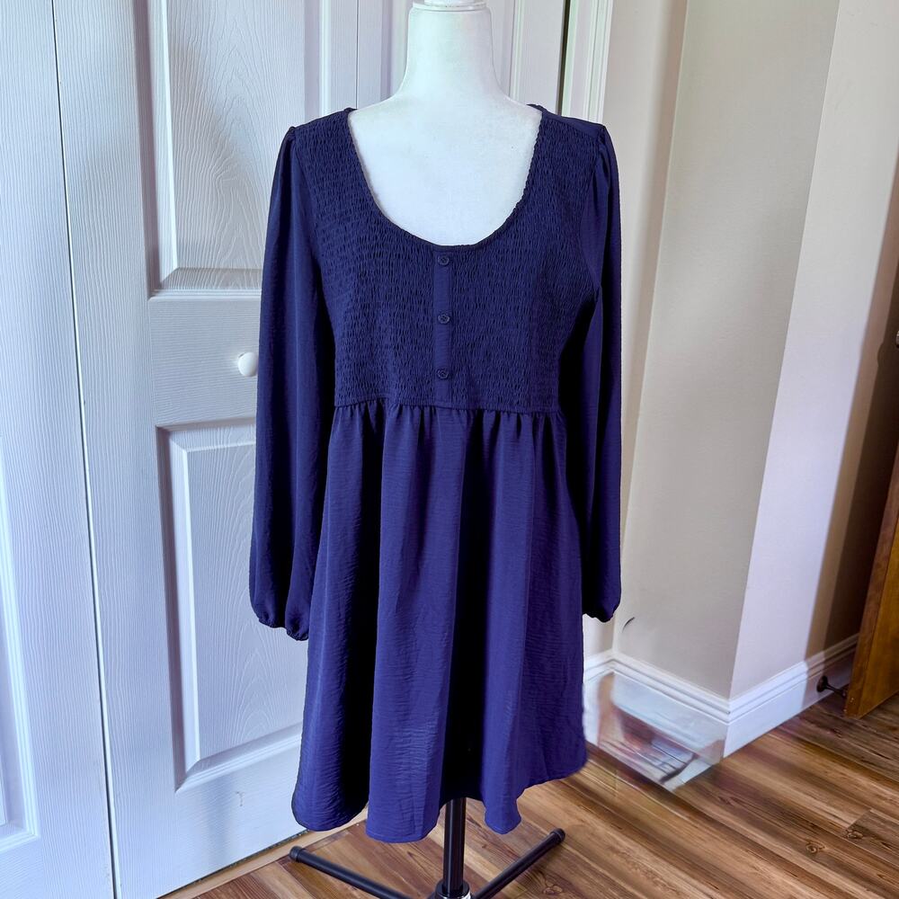 NWT Dokotoo Women’s XL Navy Smocked Babydoll Dress Long Sleeve Knee Length
